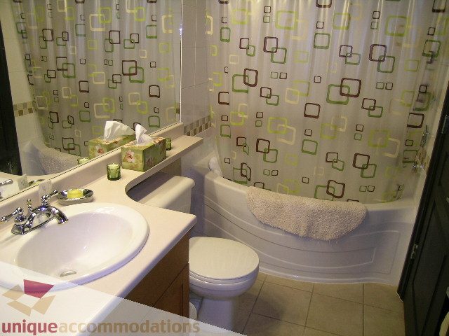 Furnished bathroom with white sink, patterned shower curtain, and wooden vanity. - 201-365 E 1st Ave, North Vancouver