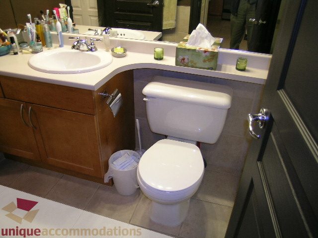 Furnished bathroom with wooden cabinets and a white toilet. - 201-365 E 1st Ave, North Vancouver