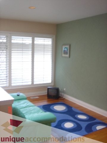 Bright living room with hardwood floors, a blue rug, and a small TV on a wooden stand. - 100 Lions Bay Avenue, West Vancouver