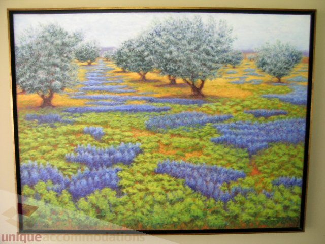 Framed painting of lavender fields with olive trees, vibrant colors, serene landscape. - 455 Keith Road, West Vancouver
