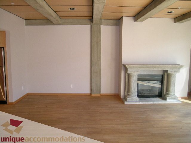 Open living space with hardwood floors and a stone fireplace. - 402-1155 Mainland St, Vancouver Downtown
