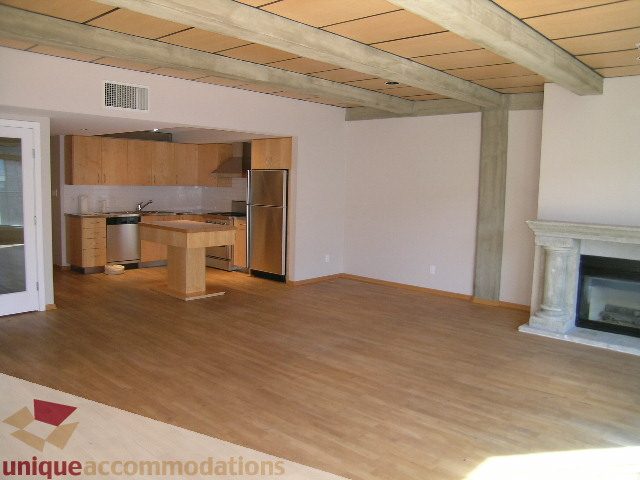 Spacious open-concept living area with hardwood floors and modern kitchen. - 402-1155 Mainland St, Vancouver Downtown