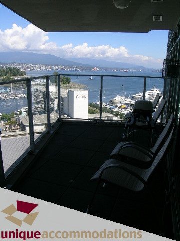 Furnished balcony with city view and waterfront access. - 1603-1650 Bayshore Drive, Vancouver Downtown