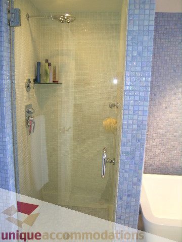 Bright bathroom with mosaic tiles and modern fixtures. - 602-1012 Beach Ave., Vancouver Downtown