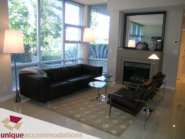Spacious living room with modern furniture, large windows, and a cozy fireplace. - 103-638 Beach Cres., Vancouver Downtown