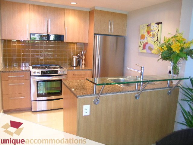 Modern kitchen with stainless steel appliances, granite countertops, and a vibrant cityscape view. - 103-638 Beach Cres., Vancouver Downtown
