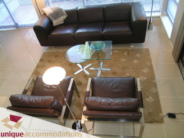 Spacious living room with modern furniture, large windows, and a cozy rug. - 103-638 Beach Cres., Vancouver Downtown