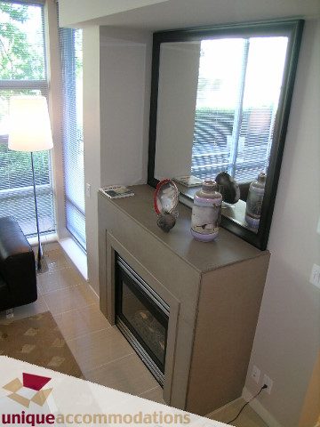 Spacious living room with large windows, modern fireplace, and city view. - 103-638 Beach Cres., Vancouver Downtown