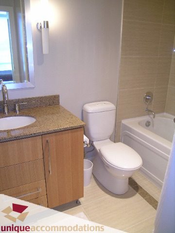 Bathroom with granite countertops, modern toilet, and shower, showcasing a clean and functional design. - 103-638 Beach Cres., Vancouver Downtown