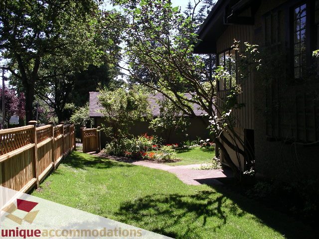 Furnished backyard with lush green lawn, wooden fence, and garden beds. - 3504 West 35th Avenue, Vancouver West Side