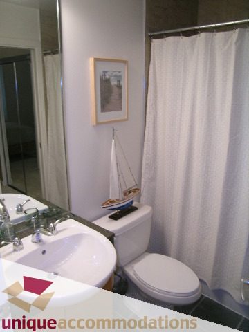 Modern bathroom with white fixtures, a boat model on the toilet, and a framed picture on the wall. - 105 - 530 Raven Woods, North Vancouver