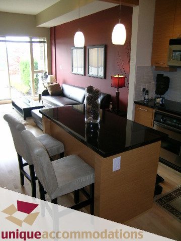 Spacious 1-bedroom + den condo with modern decor, featuring a sleek kitchen with granite countertops and hardwood floors.
