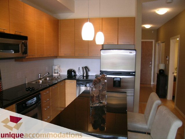 Modern kitchen with sleek stainless steel appliances and dark wood cabinets, featuring a cozy living area with a white sofa.