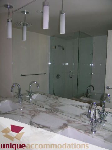 Furnished bathroom with marble countertops and modern fixtures. - 2801 - 1205 W. Hastings Street, Vancouver Downtown