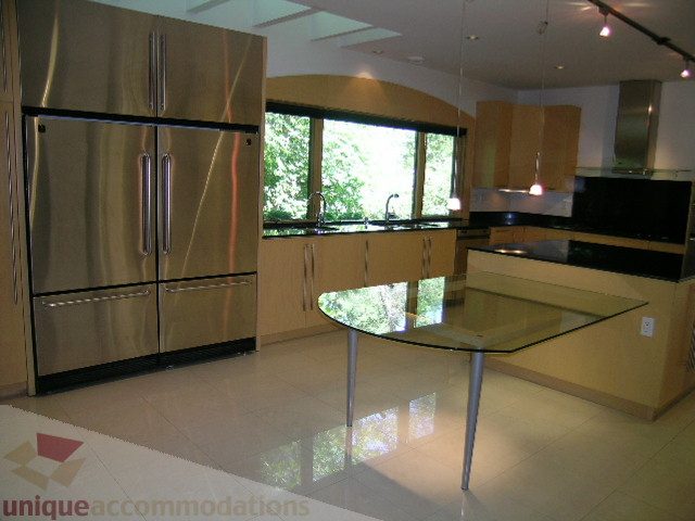 Bright kitchen with modern stainless steel appliances, sleek countertops, and large windows offering a view of greenery.