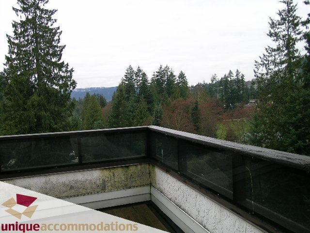 Balcony with glass railings and forest view. - 5568 Greenleaf Road, West Vancouver