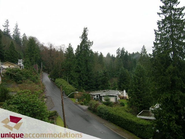 Furnished living room with large windows, greenery, and forest view. - 5568 Greenleaf Road, West Vancouver
