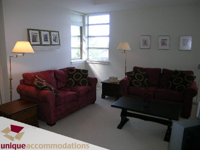 Spacious living room with red velvet sofas, wooden coffee table, and natural light from large windows. - 8583 Seascape Lane, West Vancouver