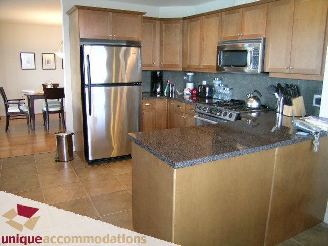 Modern kitchen with granite countertops, stainless steel appliances, and wooden cabinets. - 8583 Seascape Lane, West Vancouver