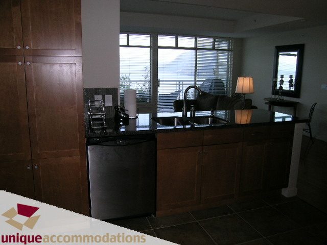 Modern kitchen with dark wood cabinets, stainless steel appliances, and a large window offering a view. - 8583 Seascape Lane, West Vancouver