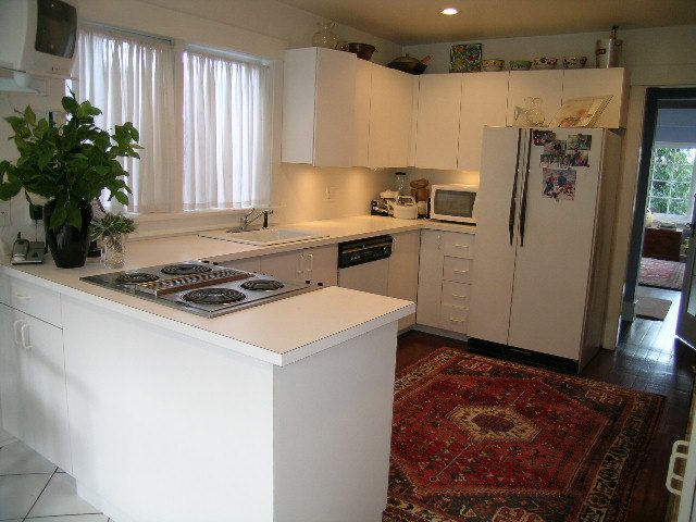 Bright kitchen with white cabinets, stainless steel appliances, and a red patterned rug. - 1152 West 7th Ave, Vancouver West Side