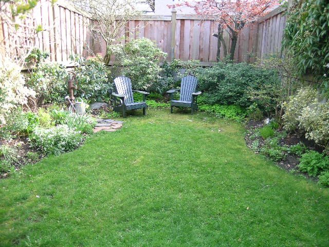 Furnished backyard with two Adirondack chairs and lush greenery. - 1152 West 7th Ave, Vancouver West Side