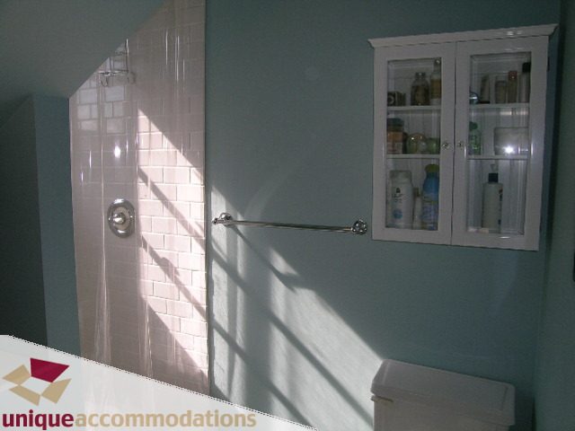 Bright bathroom with white subway tile and a medicine cabinet. - 1505 Grand Blvd., North Vancouver