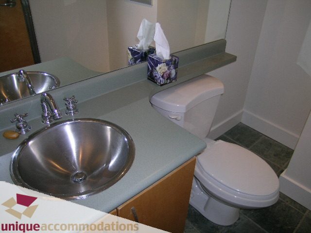 Bright bathroom with stainless steel sink and tissue box. - 512-1216 Homer Street, Vancouver Downtown
