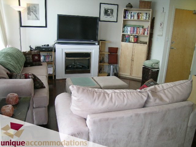 Furnished living room with a fireplace, bookshelf, and comfortable seating. - 2001-1199 Seymour Street, Vancouver Downtown