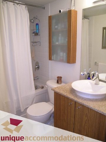 Furnished bathroom with wooden cabinets, granite countertops, and a modern sink. - 2001-1199 Seymour Street, Vancouver Downtown