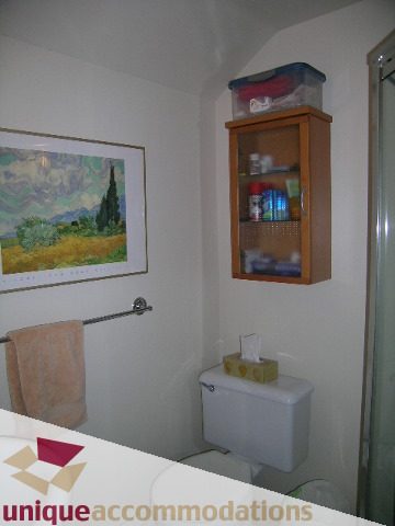 Bathroom with framed art, wooden cabinet, and toilet paper holder. - 2556 Belloc Street, North Vancouver