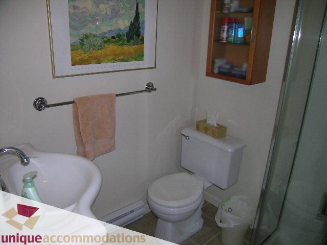 Bathroom with white fixtures, towel rack, and framed artwork. - 2556 Belloc Street, North Vancouver