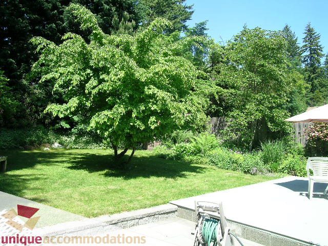 Furnished patio with lush greenery and trees, perfect for relaxation. - 2556 Belloc Street, North Vancouver