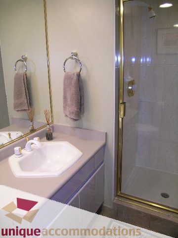 Furnished bathroom with white countertop and gold-framed shower. - 802-1590 West 8th Ave, Vancouver West Side
