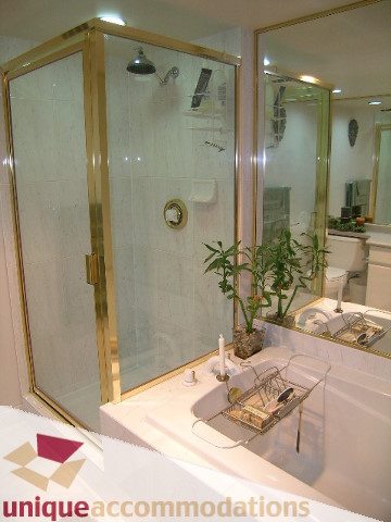 Furnished bathroom with gold-framed shower and white countertop. - 802-1590 West 8th Ave, Vancouver West Side