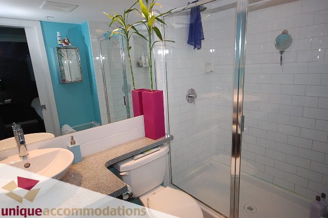 Furnished bathroom with white subway tiles, modern sink, and vibrant pink planter. - 1229 Richards Street, Vancouver Downtown