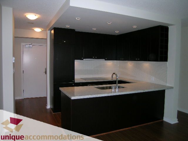Bright kitchen with black cabinets, white countertops, and hardwood floors. - 1802 - 821 Cambie Street, Vancouver Downtown