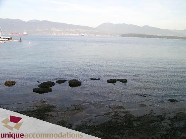 Oceanfront living room with panoramic city view and rocky shoreline. - 3671 Cameron Avenue, Vancouver West Side