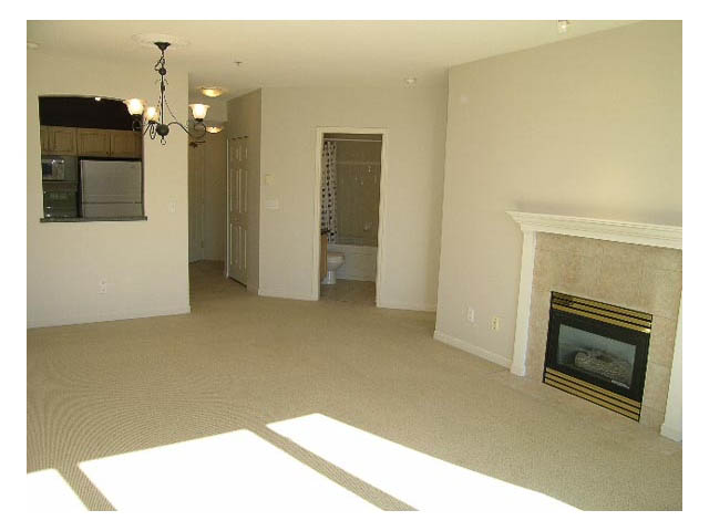 Furnished living room with fireplace and carpeted floors. - 411 - 3608 Deercrest Drive, North Vancouver