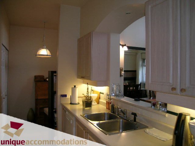 Bright kitchen with stainless steel sink, light wood cabinets, and a pendant light above. - 604 - 3600 Windcrest Drive, North Vancouver