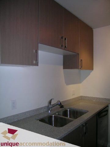 Modern kitchen with sleek cabinets and granite countertops, perfect for a cozy downtown condo. - 2701 - 1211 Melville Street, Vancouver Downtown
