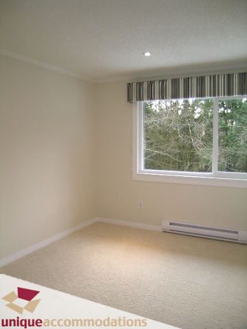Spacious bedroom with large window, carpeted floor, and striped curtains. - 1773 Rufus Drive, North Vancouver
