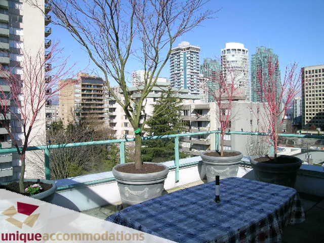 Furnished balcony with city view and outdoor seating. - 703 - 1132 Haro Street, Vancouver Downtown