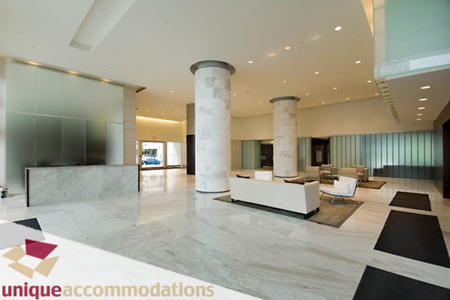 Furnished living room with marble countertops and modern decor. - 903 - 1139 West Cordova Street, Vancouver Downtown