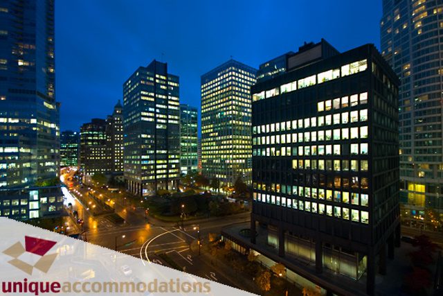 Furnished 2-bedroom condo with stunning city view at dusk. - 903 - 1139 West Cordova Street, Vancouver Downtown