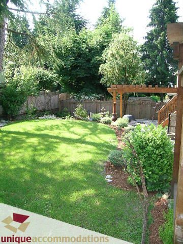 Furnished backyard with lush green lawn and wooden pergola. - 3290 St. Georges Ave, North Vancouver
