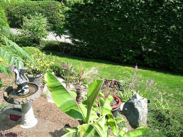 Bright garden with lush greenery, birdbath, and stone feature. - 4104 Sunnycrest drive, North Vancouver