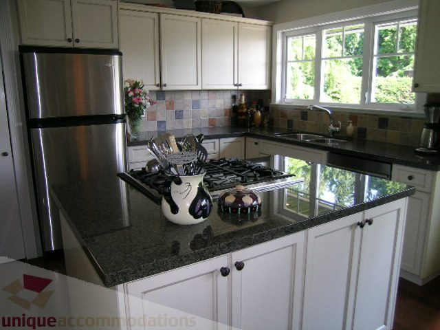 Bright kitchen with granite countertops and stainless steel appliances, natural light from large windows. - 4104 Sunnycrest drive, North Vancouver