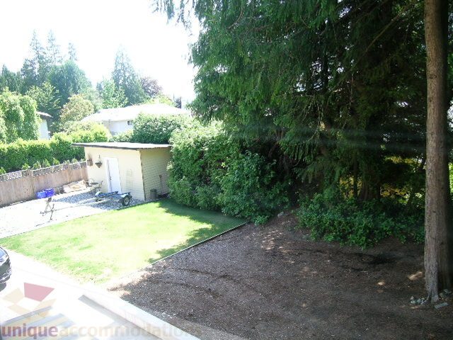 Large backyard with lush greenery and a gravel patio area. - 4104 Sunnycrest drive, North Vancouver
