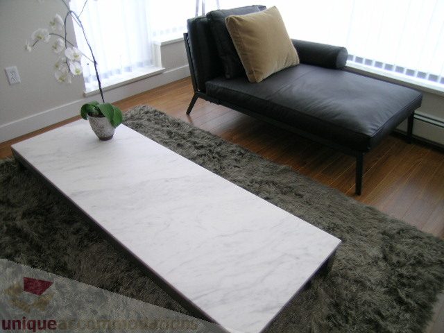 Bright living room with modern furniture, marble coffee table, and plush rug. - 208 - 1833 Crowe St., Vancouver West Side